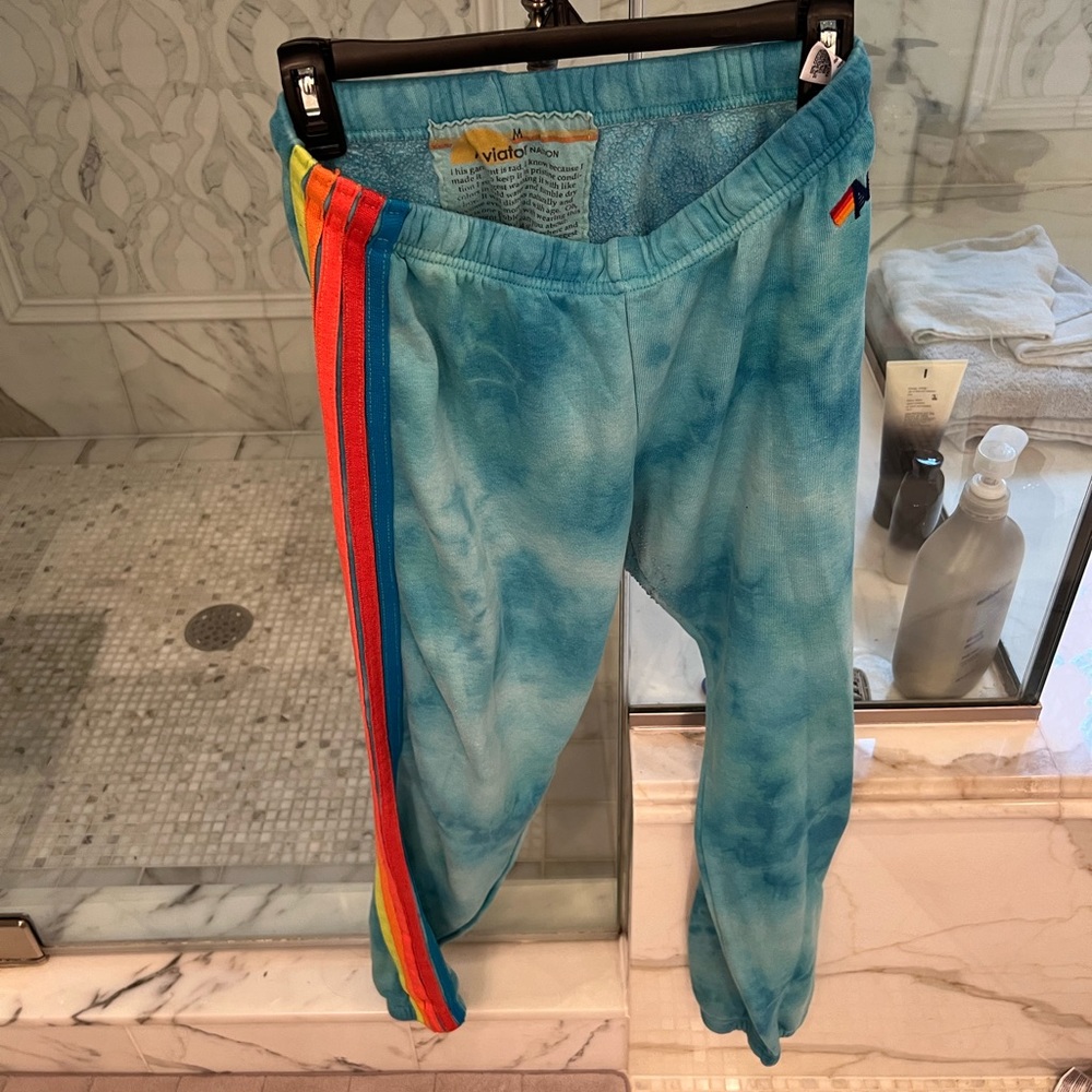 Blue tie dye and rainbow stripe Aviator Nation sweats size medium